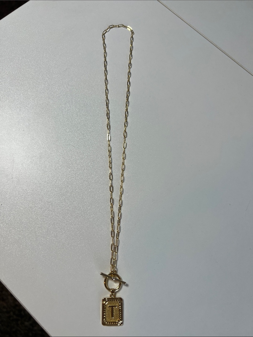 Gold Initial T Pendant Necklace with Paperclip Chain